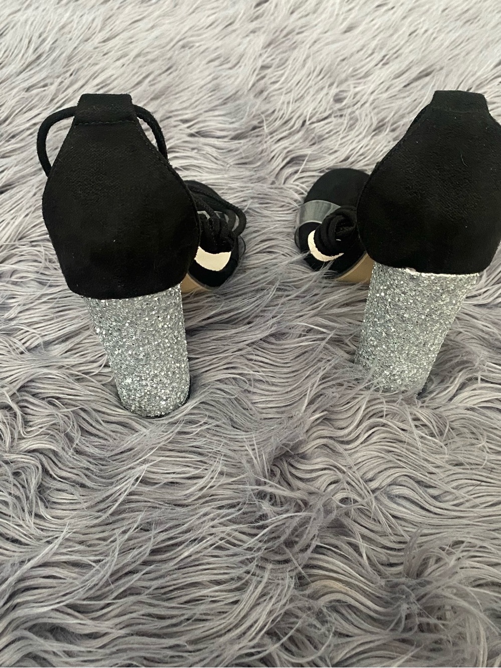 Black Suede Block Heel Sandals with Silver Glitter Heel w/ Tie around legs 7.5